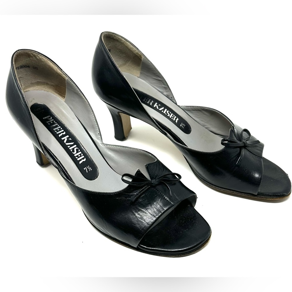 Peter Kaiser Black Leather Peep-Toe Heels with Bow Accent